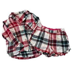 Soma Pajama PJ Set Medium Top /Large Shorts Pink Plaid Flannel Button #7078
